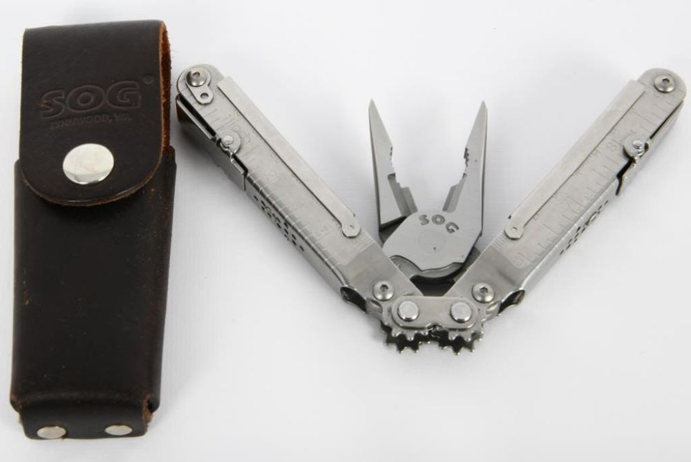 Lot 142: SOG Power Lock Multi Tool w/leather sheath