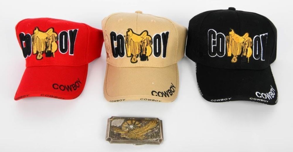 Lot 524: (3) New Embroidered Ball Caps "Cowboy" & Buckle