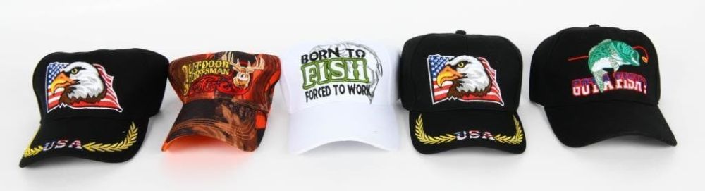 Lot 1073: (5) Patriotic & Fishing & Hunting Embroidered Hats