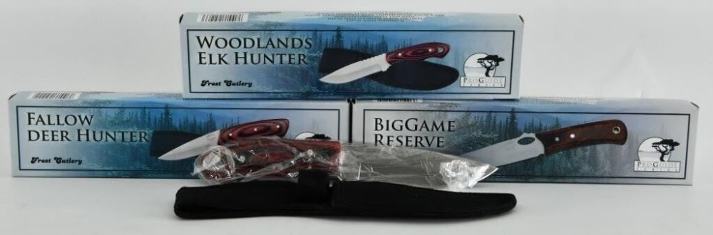 Lot 1109: 3 NIB Frost Cutlery Woodlands Elk Hunter Knives