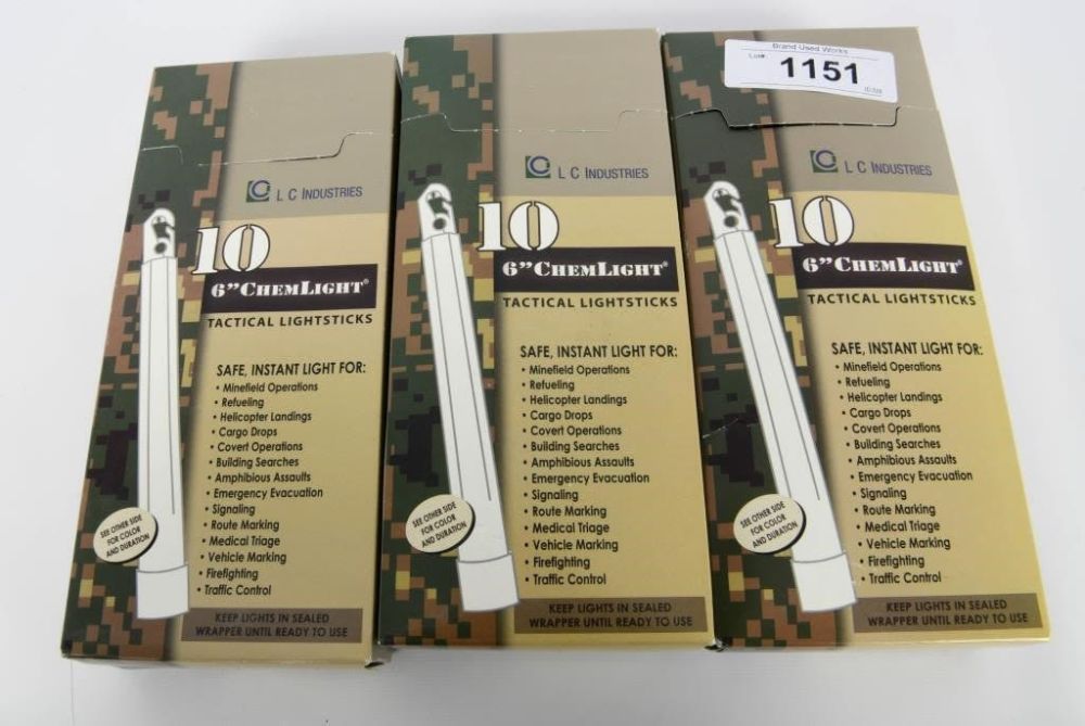 Lot 1151: 3 pks of 10 each 6" Chemlight Tactical Lightsticks