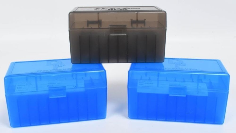 Lot 1565: 2 Blue Dillion single ammo box & 1 Cabelas Ammo bx