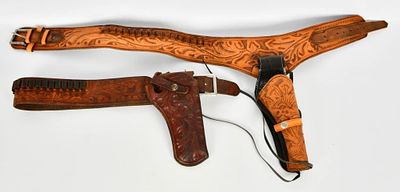 2 Tooled Leather Holsters & Belt Combos. Hello bidders! Up for auction are two exquisite tooled 