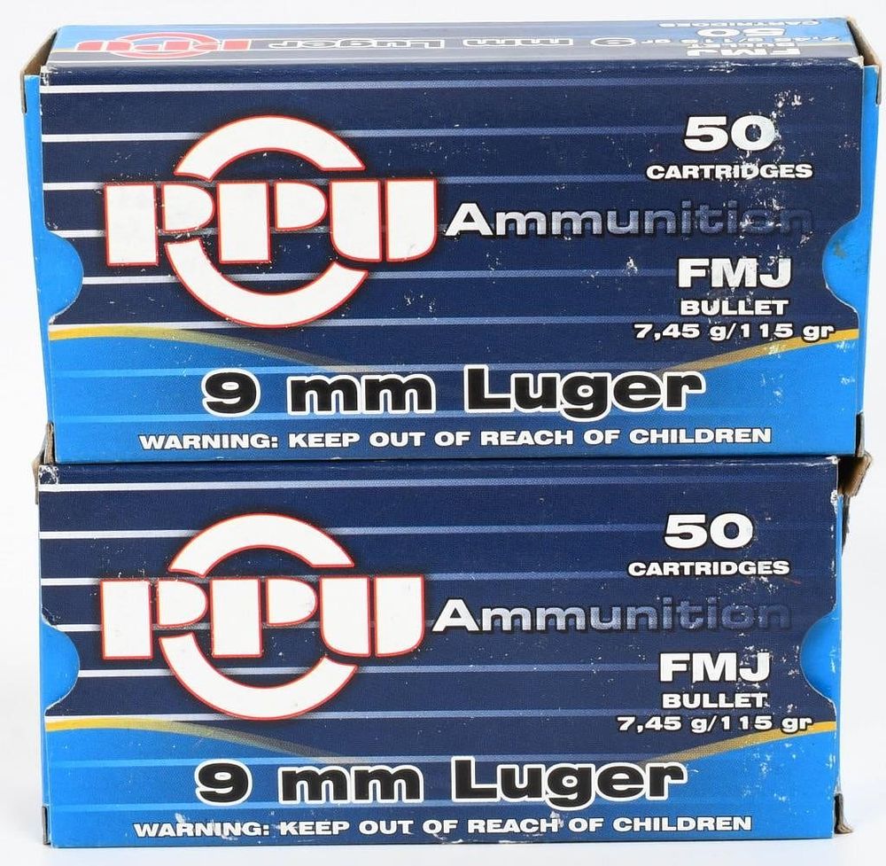 Lot 493: 100 Rounds Of PPU 9mm Luger Ammunition