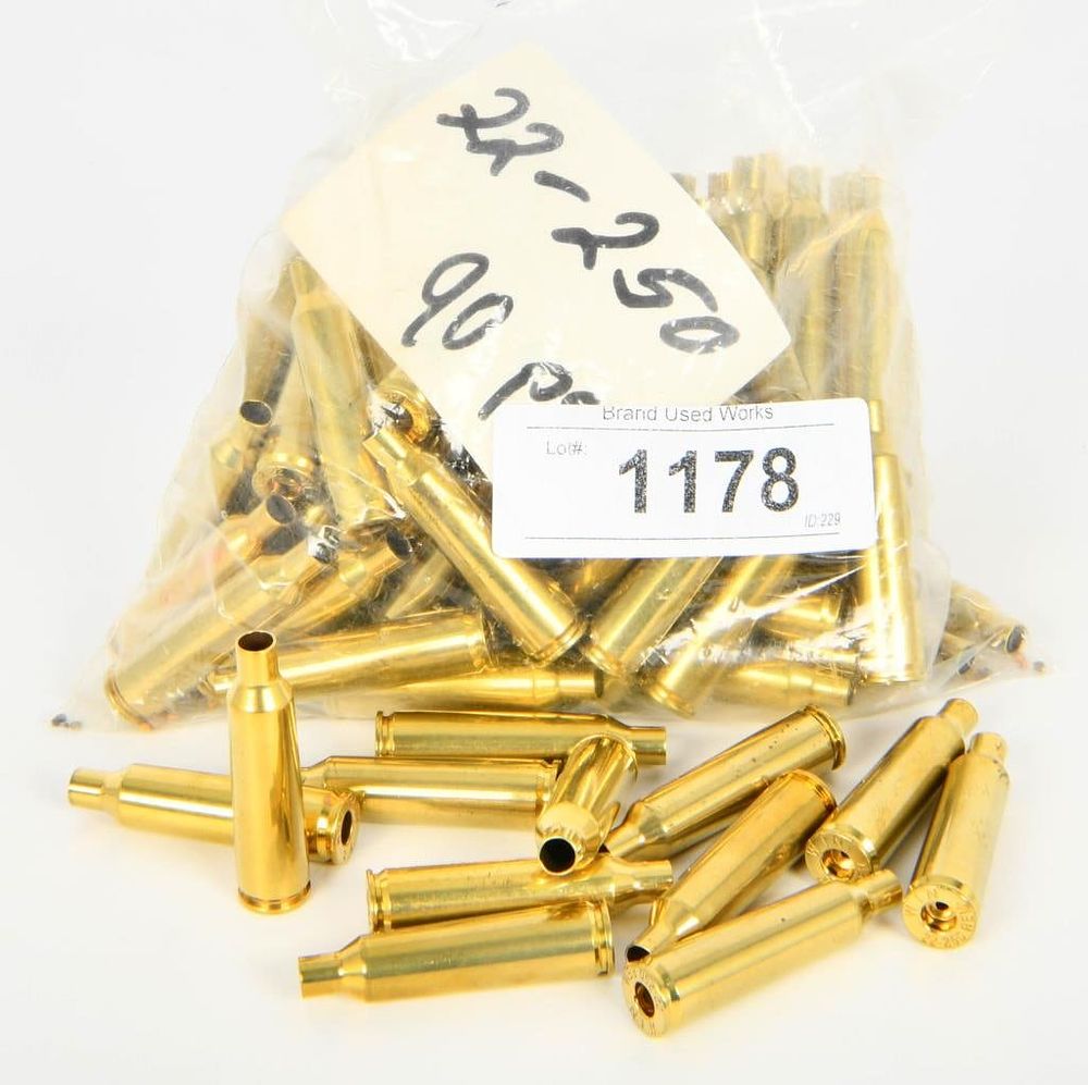 Lot 1178: 90 Count of Cleaned and Deprimed .22-250 Brass