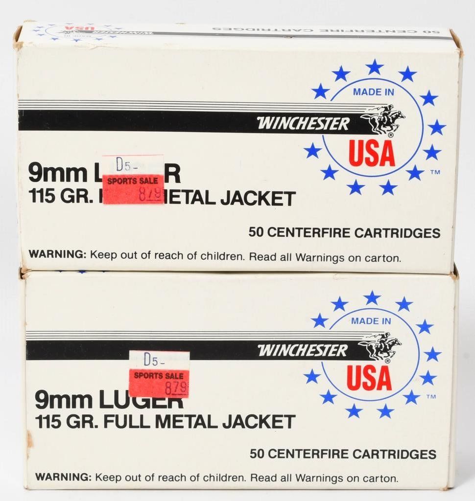 Lot 1444: 100 Rounds of Winchester 9mm Luger Ammunition
