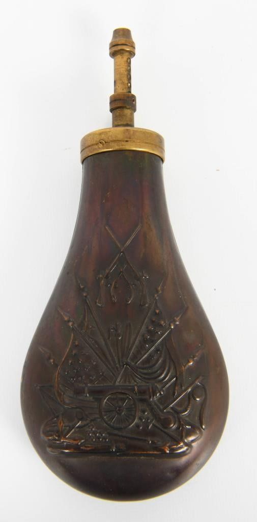 Lot 1583: Vtg Colt Repro Powder Flask Embossed Cannon & Flag