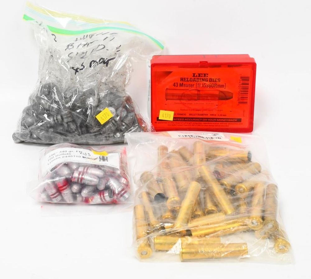 Lot 442: .43 Mauser Empty Brass, Bullet Tips, & Reloading