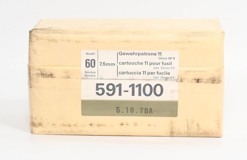 Lot 526: Sealed Brick 60 Rounds 7.5x55 Swiss Ammunition