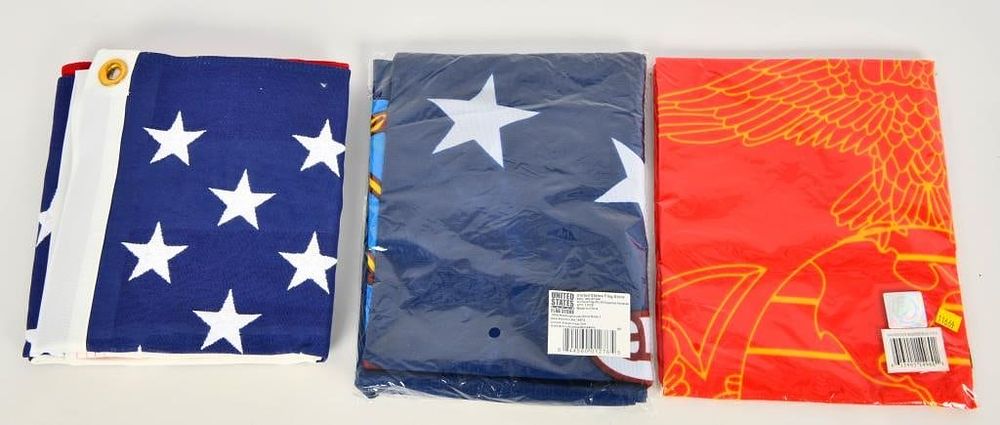 Lot 1388: 3 New Flags, 2 US Flags, & 1 Red & Yellow Flag