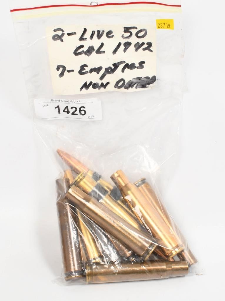 Lot 1426: 2 Rds Of Linked .50 BMG & 6 Empty Brass Casings