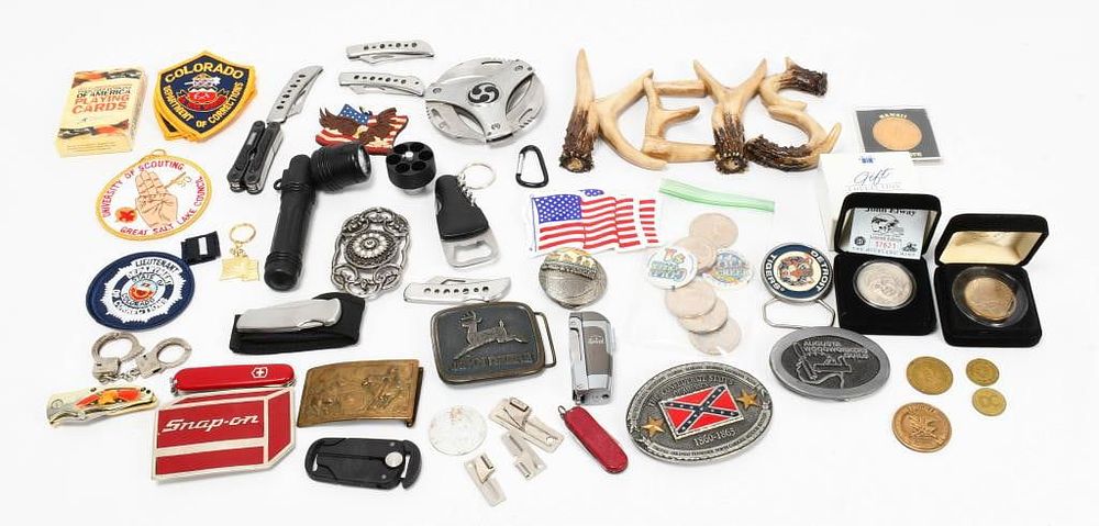 Lot 443: Mixed Lot of Various Coins Belt Buckles & Knives
