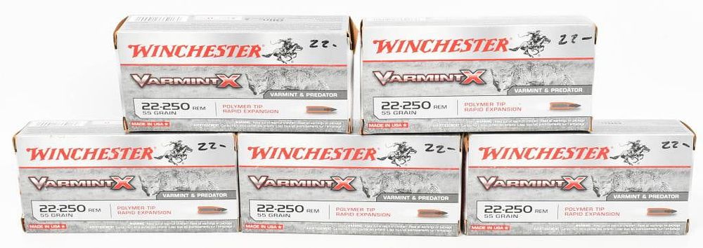 Lot 1153: 100 Rounds of Winchester .22-250 Rem Ammunition