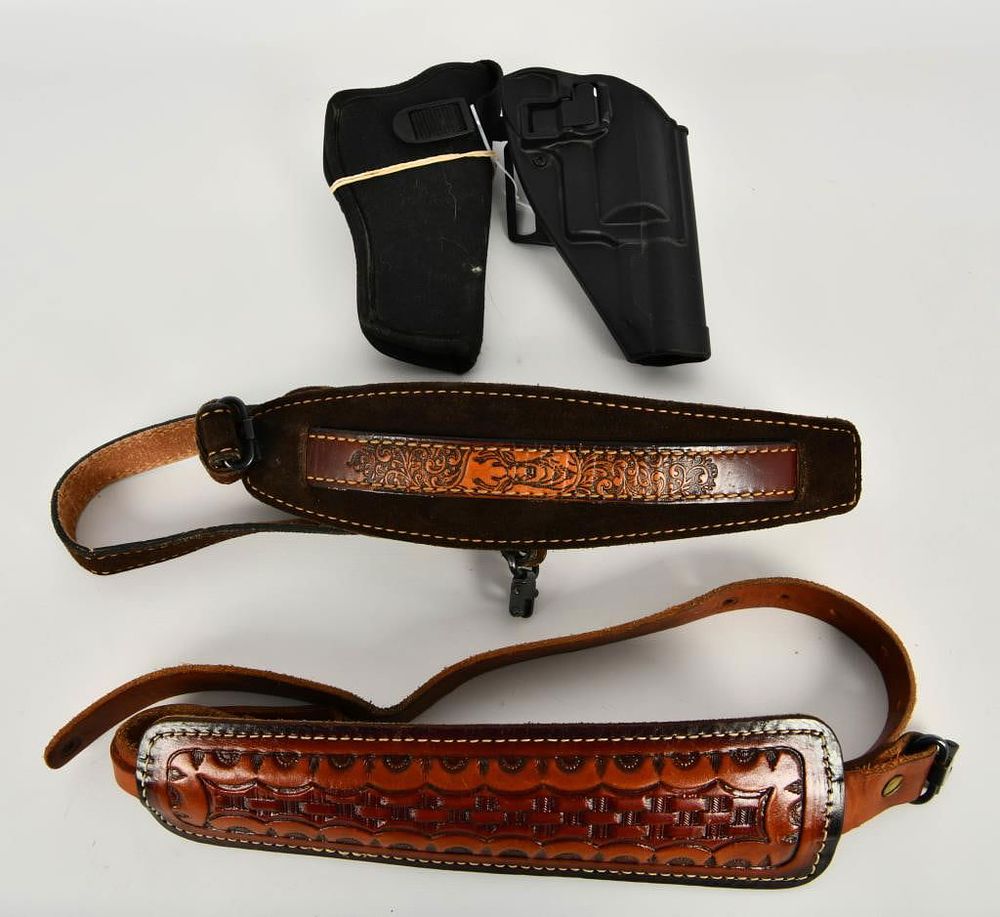 Lot 1349: (2) Suede Leather Slings, (2) Holsters