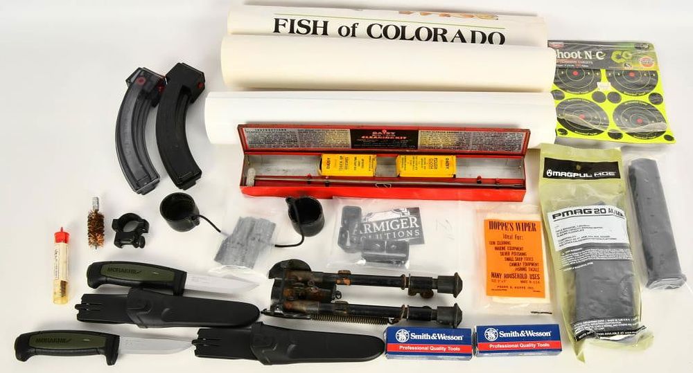 Lot 1424: Misc Accessory Lot' Knives, Mags, Bipod & more