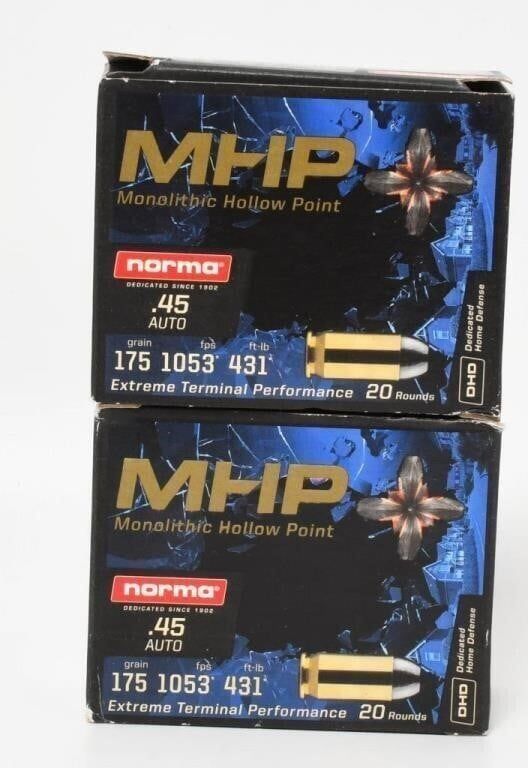 Lot 1150: 40 Rounds Of Norma MHP .45 ACP Ammunition...