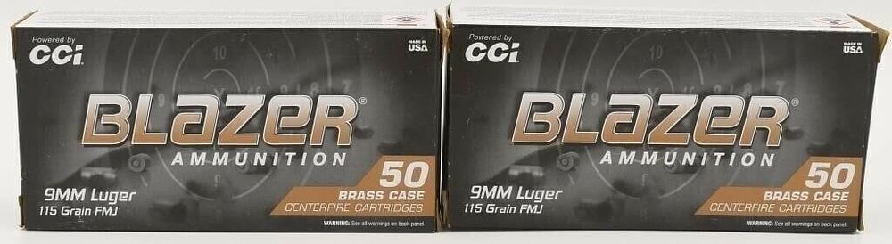 Lot 1465: 100 rds Blazer 9mm Luger 115 gr FMJ ammo