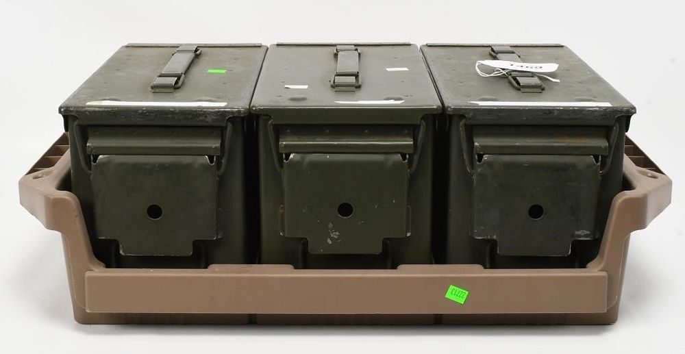Lot 1469: 3 Metal Ammunition Cans With Carry Tray