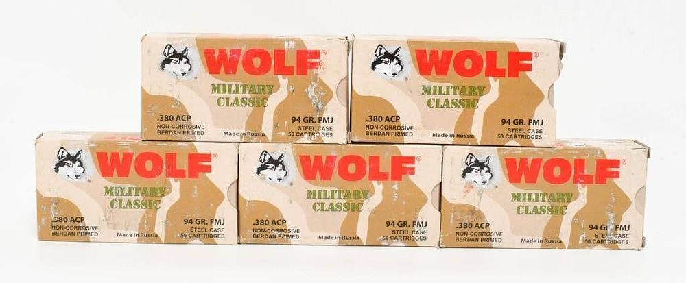 Lot 1651: 250 Rounds Of Wolf Military Classic .380 ACP Ammo