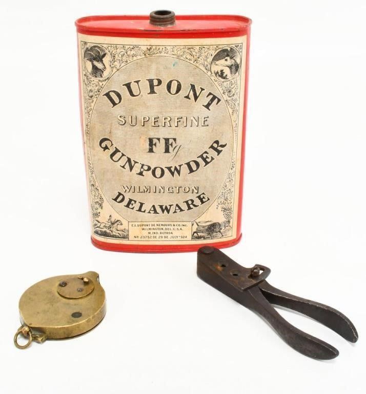 Lot 601: Du Pont Gunpowder Flask, Brass Primer Storage &