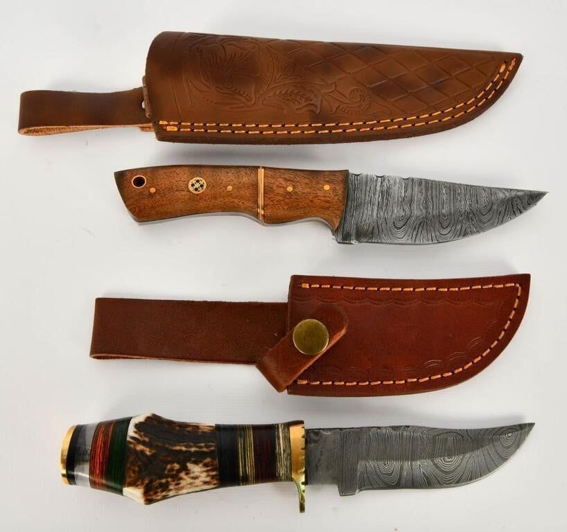 Lot 263: 2 Custom Handmade Damascus Fixed Blade Knives