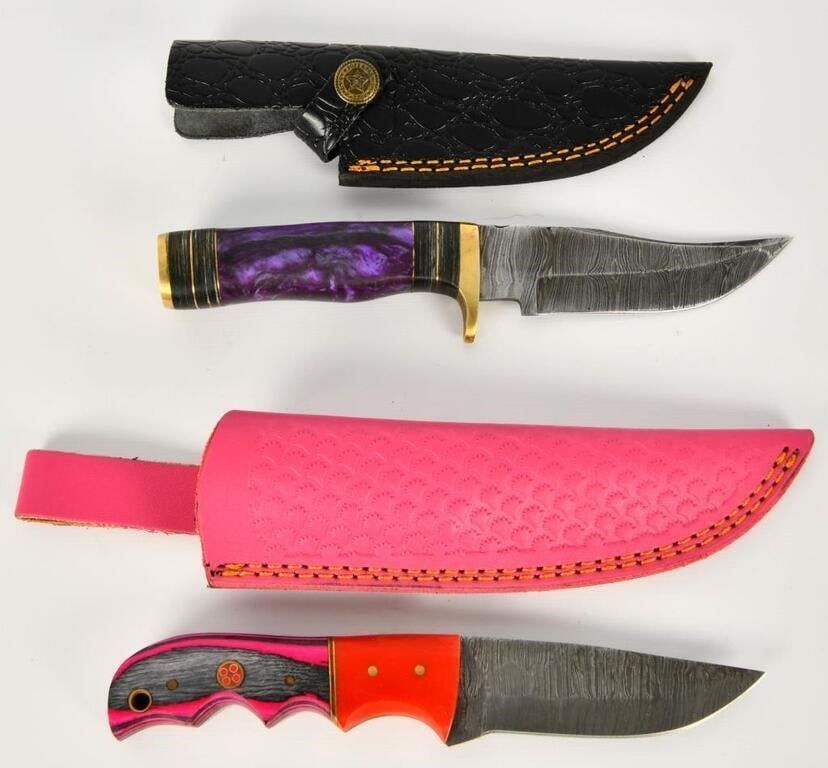 Lot 365: 2 Custom Handmade Damascus Fixed Blade Knives