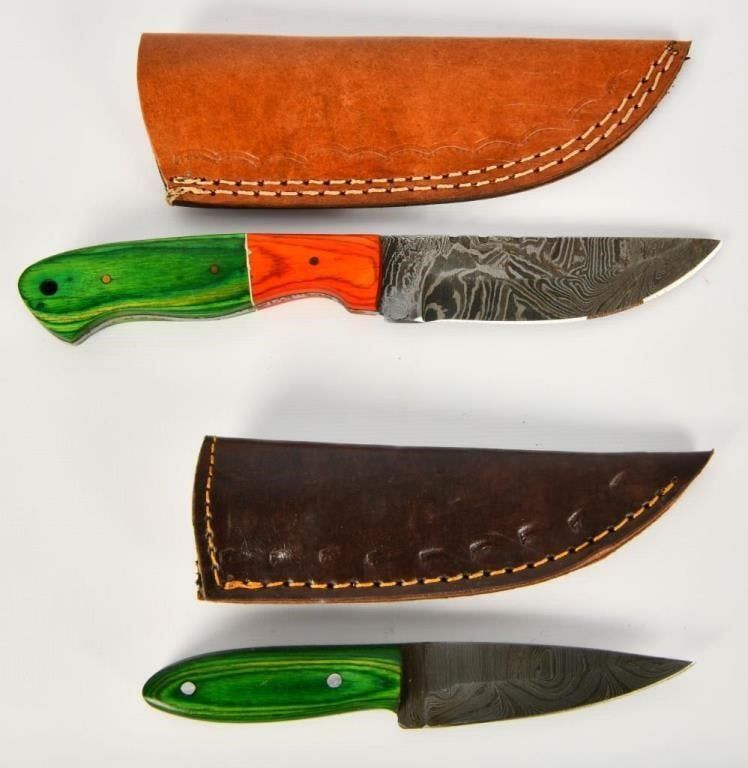 Lot 485: 2 Custom Handmade Damascus Fixed Blade Knives