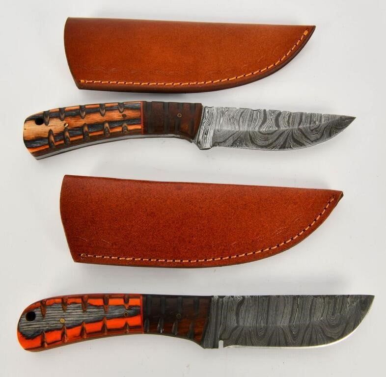 Lot 623: 2 Custom Handmade Damascus Fixed Blade Knives