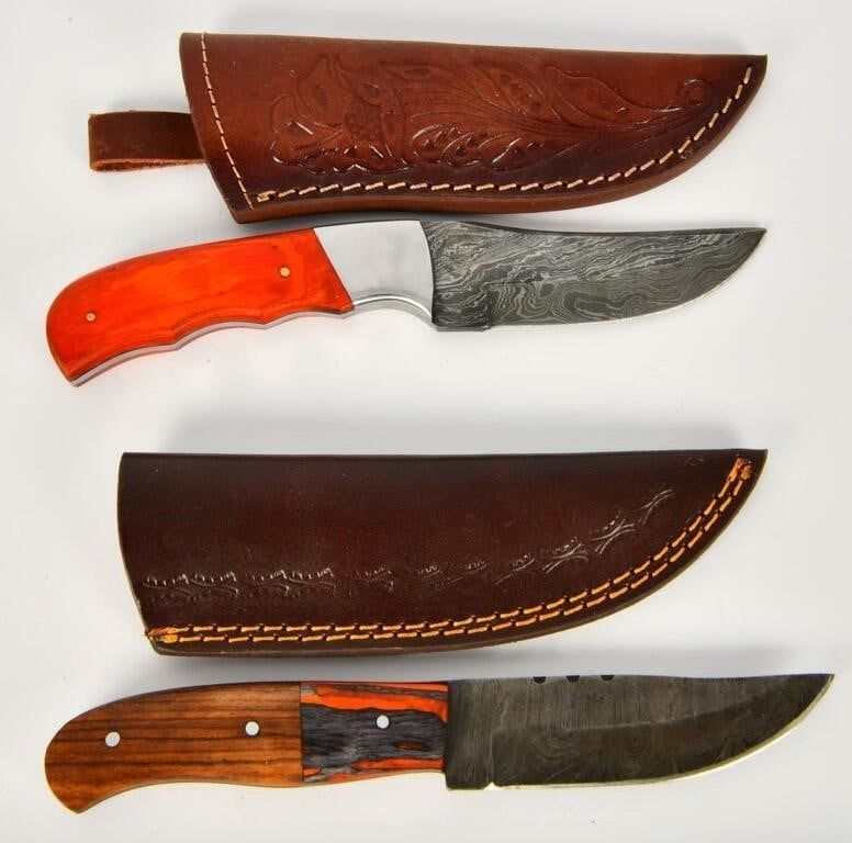 Lot 665: 2 Custom Handmade Damascus Fixed Blade Knives