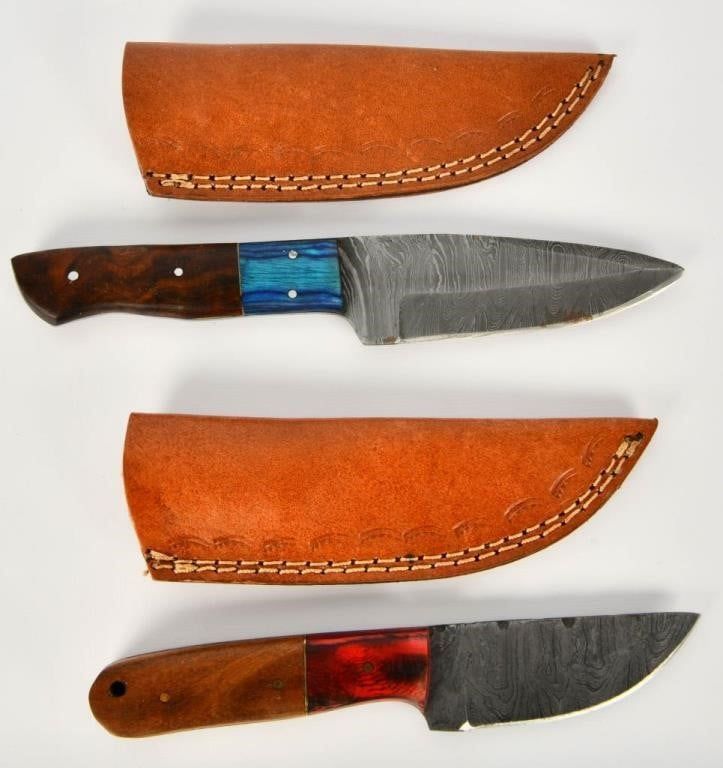 Lot 695: 2 Custom Handmade Damascus Fixed Blade Knives