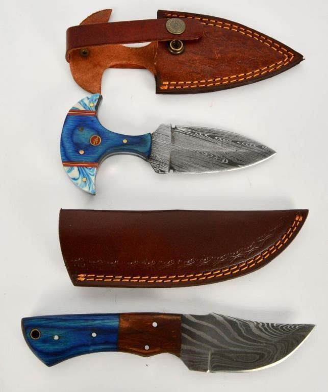Lot 1052: 2 Custom Handmade Damascus Fixed Blade Knives