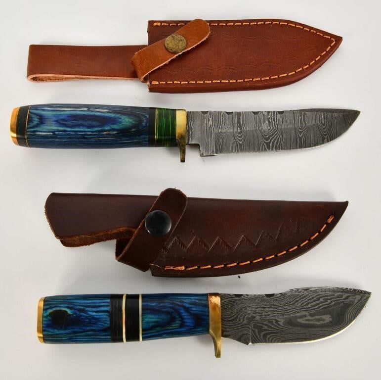Lot 1142: 2 Custom Handmade Damascus Fixed Blade Knives