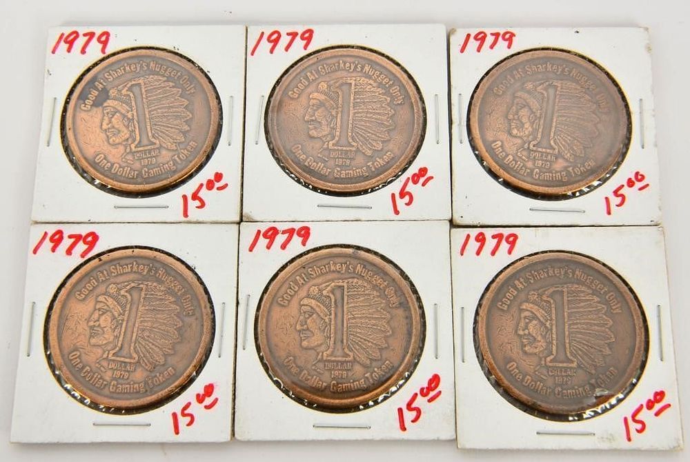 Lot 1190: 6 Vintage Sharkey's Nugget $1 Dollar Gaming Coins
