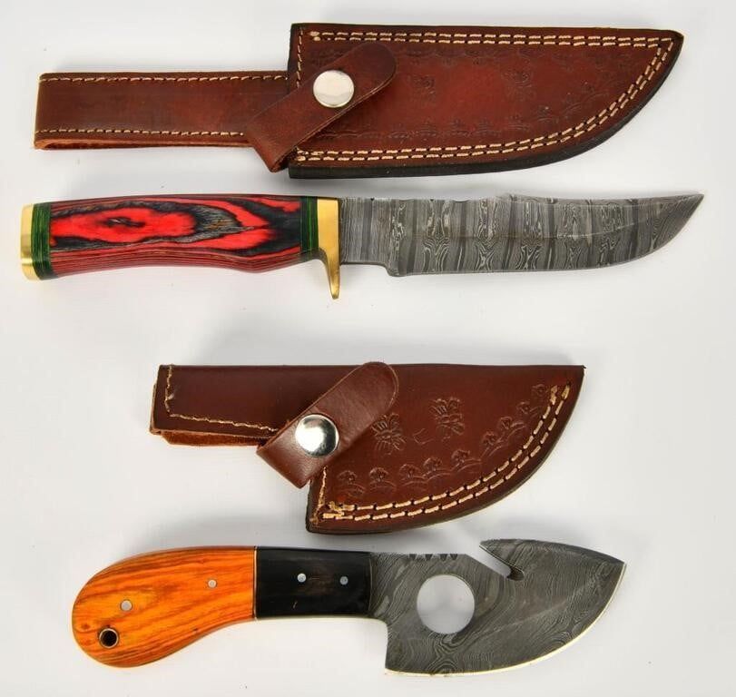 Lot 1244: 2 Custom Handmade Damascus Fixed Blade Knives