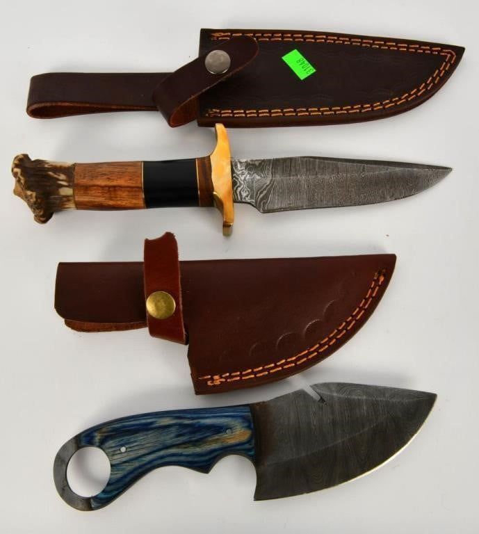 Lot 1262: 2 Custom Handmade Damascus Fixed Blade Knives