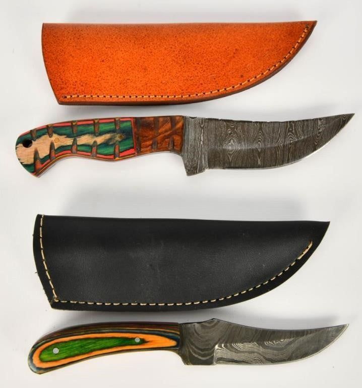 Lot 1334: 2 Custom Handmade Damascus Fixed Blade Knives