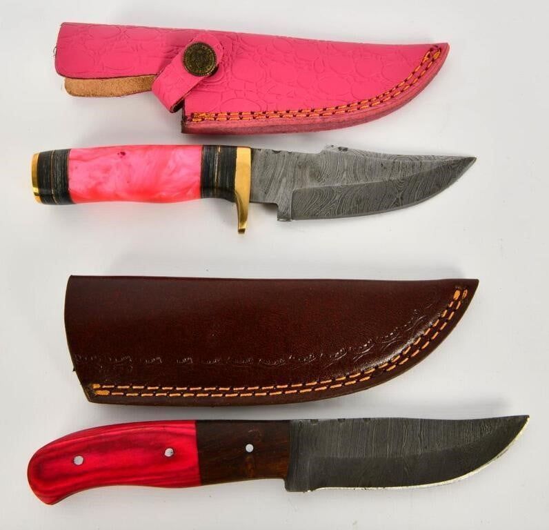 Lot 1352: 2 Custom Handmade Damascus Fixed Blade Knives