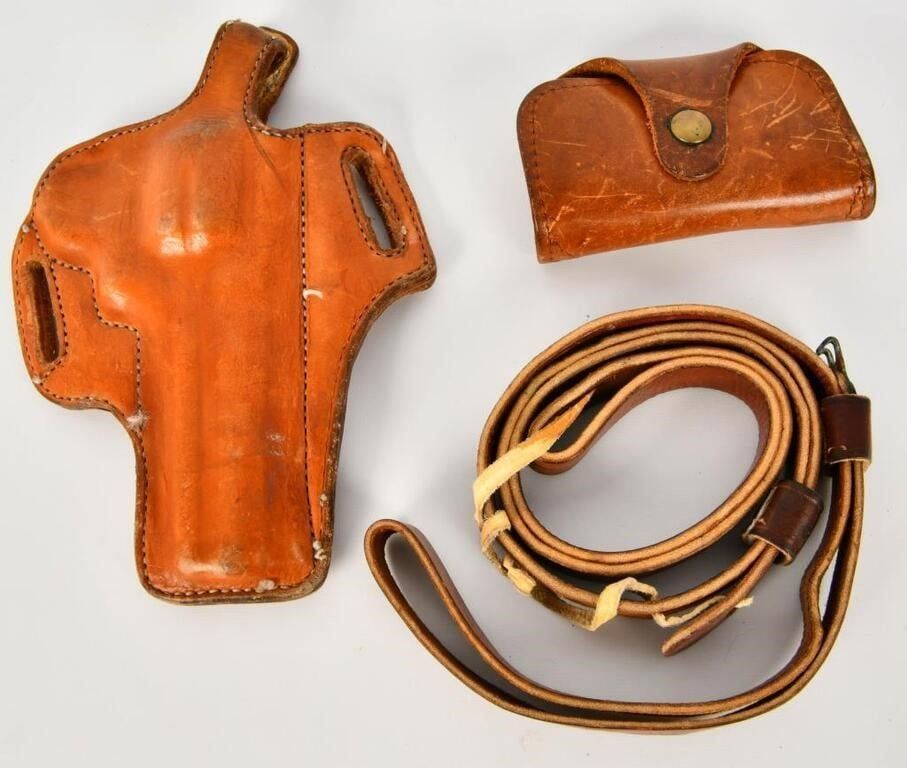 Lot 1370: Leather Holster, Leather Sling & Leather Ammo Case