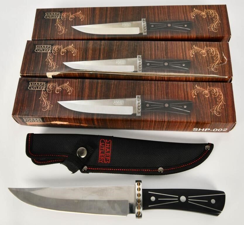 Lot 1382: 3 NIB Sharps Cutlery Bowie knives W/ Sheaths