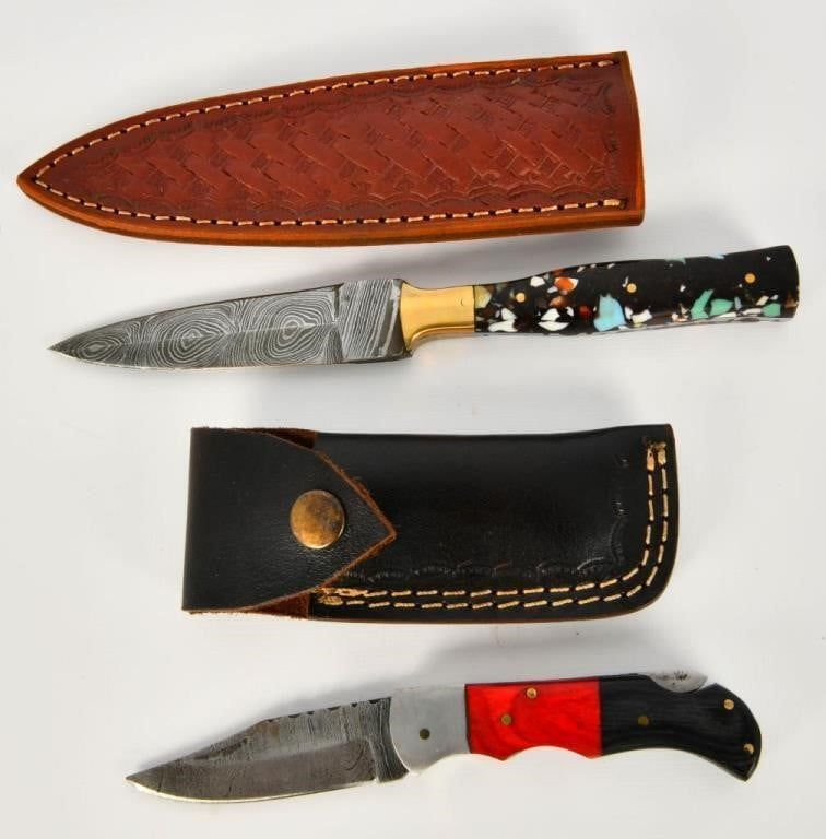 Lot 1412: 2 Custom Handmade Damascus Steel Knives
