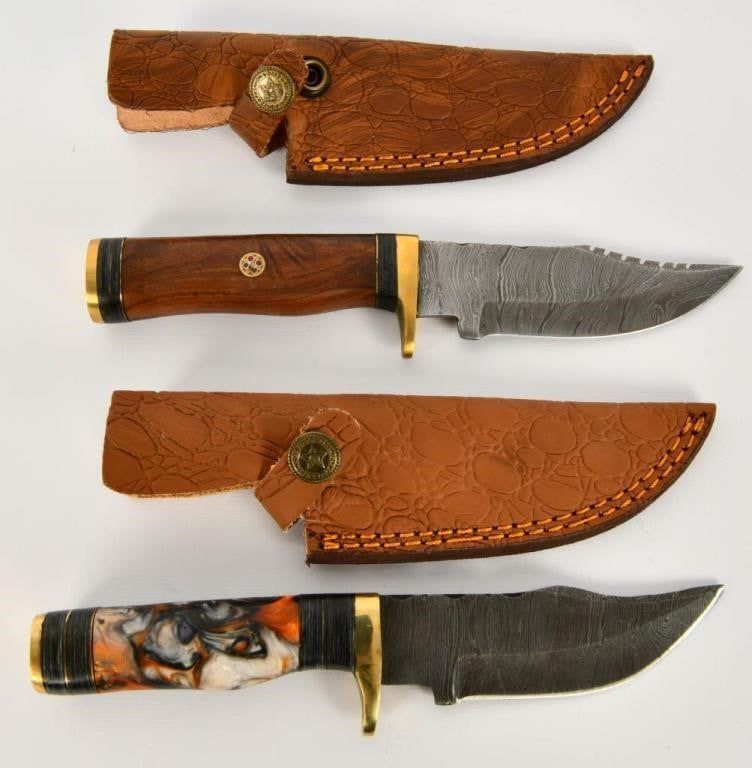 Lot 1442: 2 Custom Handmade Damascus Fixed Blade Knives