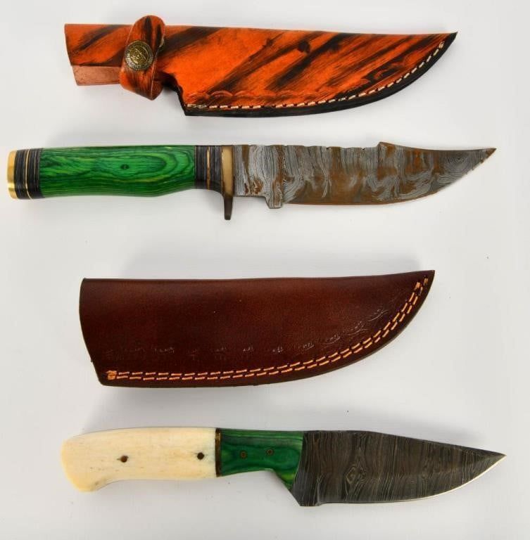 Lot 1472: 2 Custom Handmade Damascus Fixed Blade Knives