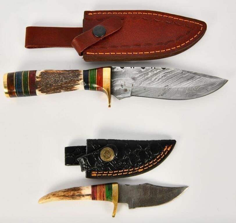 Lot 1604: 2 Custom Handmade Damascus Fixed Blade Knives