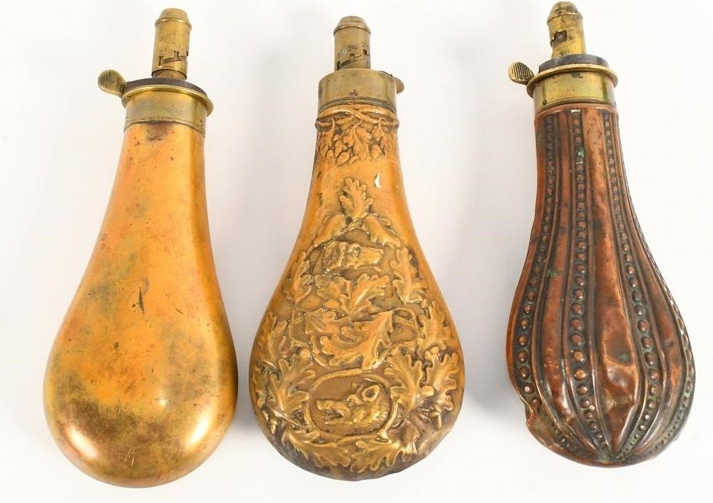 Lot 107: 3 Antique Gunpowder Flask