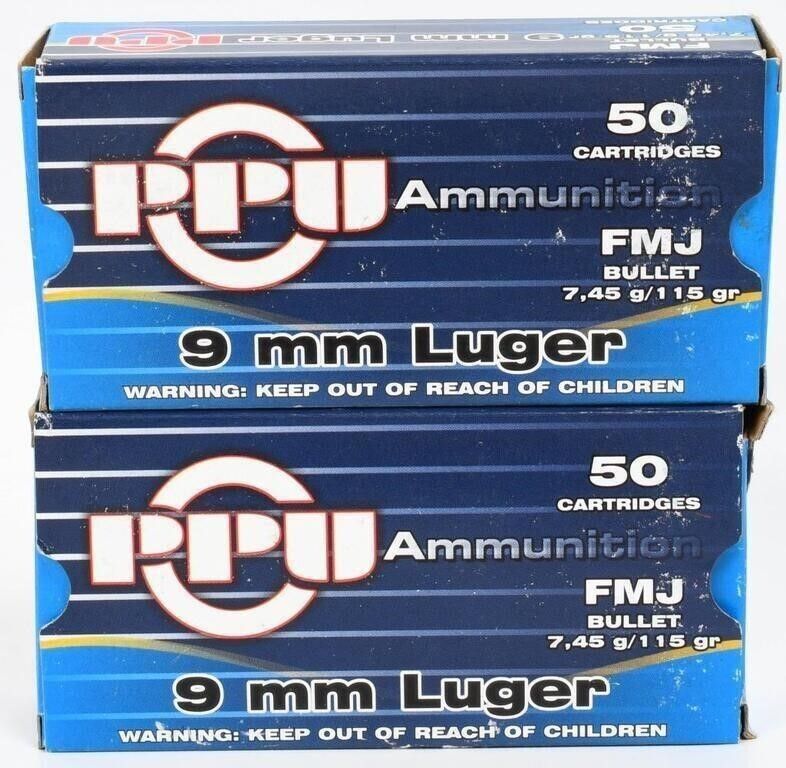 Lot 328: 100 Rounds Of PPU 9mm Luger Ammunition