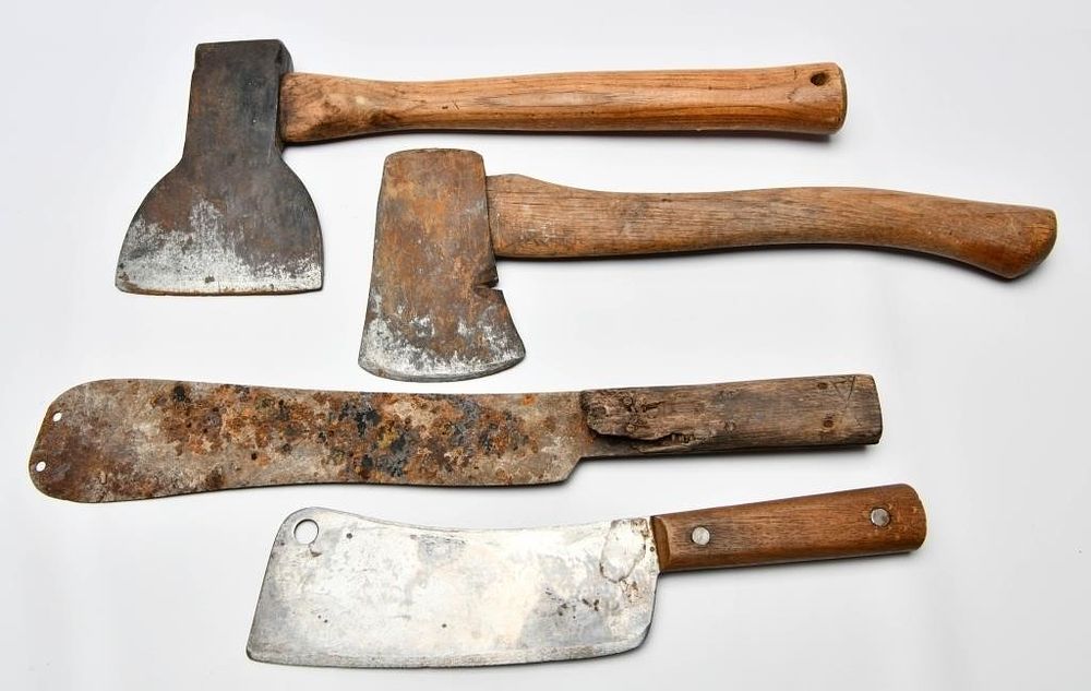 Lot 530: 2 Wood Handle Axes & 2 Butcher Knives