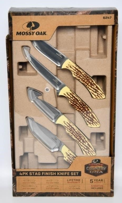 Lot 1226: NIB Mossyoak 4 Pack Stag Finish Knife Set