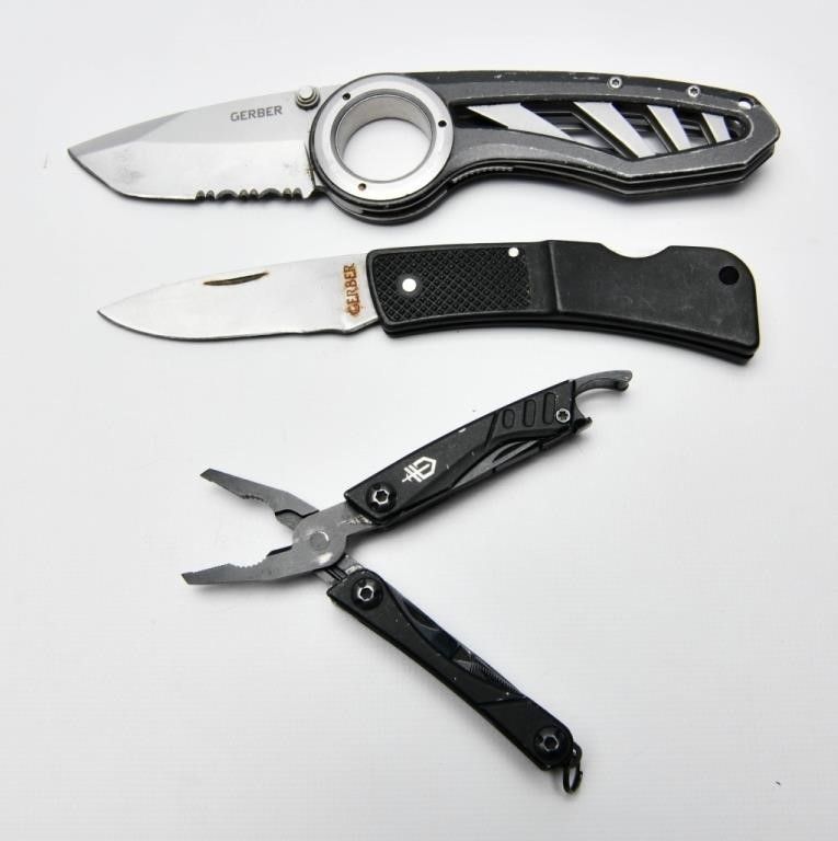 Lot 1277: 3 Gerber Folding Knives & Utility  Tool