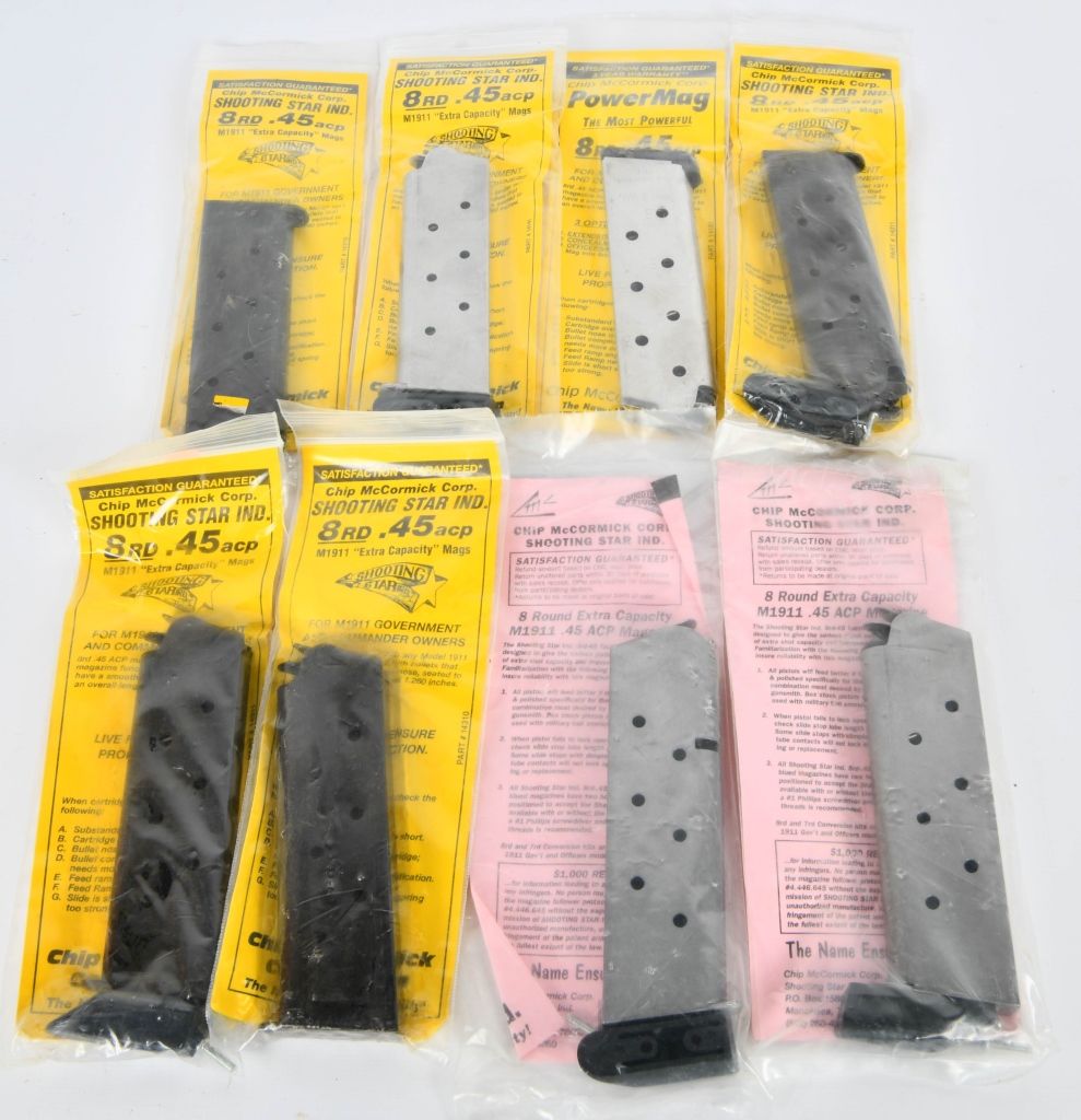 Lot 434: (8) various Chip McCormick 8 rd Mags NIP M1911