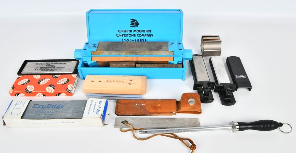 Lot 1391: Huge Lot of Various Sharpening Stones & Station